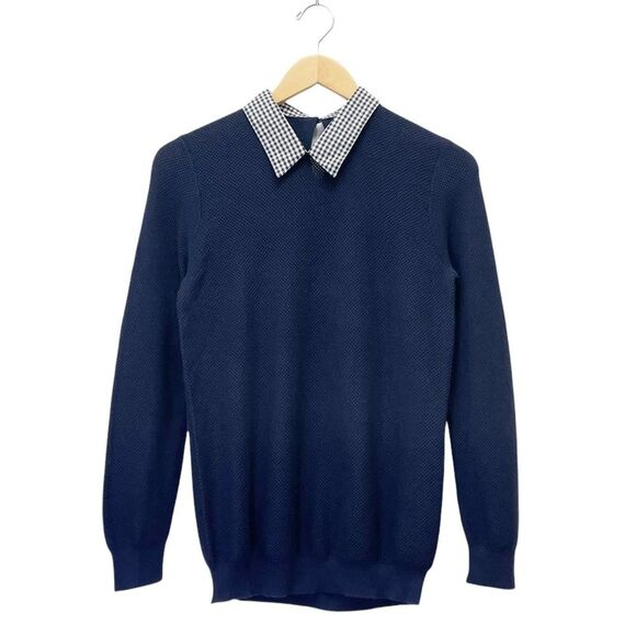 NWT J. Crew Gingham Collar Sweater Navy Blue Pique Knit Pullover Size XS NEW - Picture 4 of 14